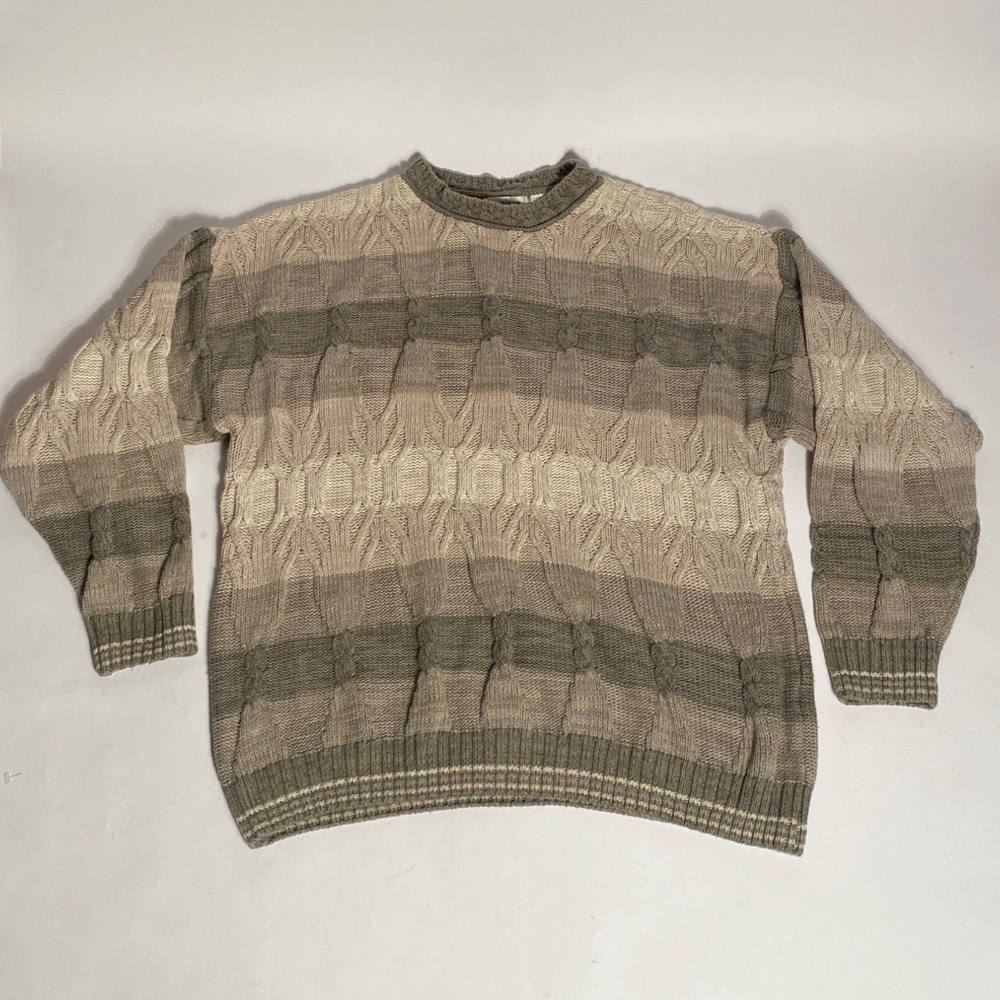 Vintage 1990s Cream & Green Cable Knit FISHERMAN Sweater with Ombré Stripes! XL
